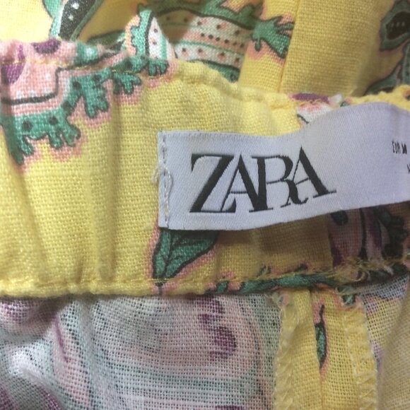 Zara Yellow Linen Blend Paisley Lounge Cropped High Rise Trousers Size Medium - Picture 3 of 4